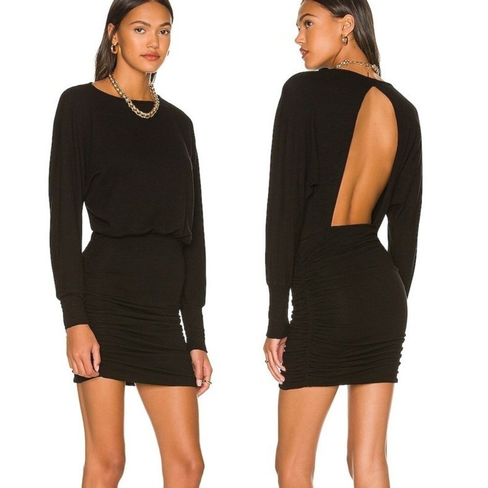 Monrow Shirred Dress Sz Small Dolman Sleeve Open Back Ruched SuperSoft HD0428